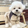 Un chien blanc et duveteux portant une combinaison imperméable beige assis sur une surface en bois.