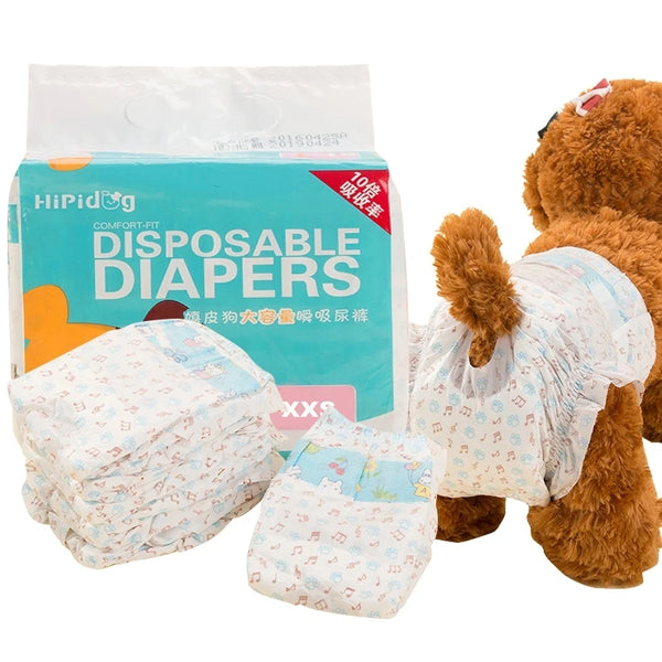 Box of disposable diapers for dogs next to a brown stuffed animal.