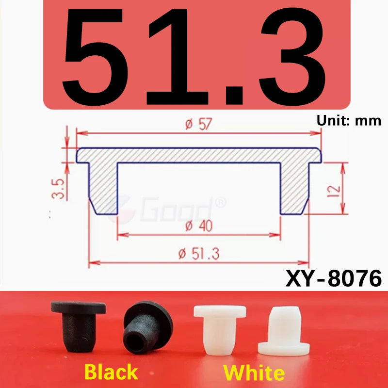 Black and white silicone rubber hole plugs shown next to a measurement diagram for size 51.3 mm