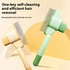 A light green pet hair remover brush is shown next to a beige version, demonstrating one-key self-cleaning and efficient hair