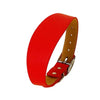A red leather dog collar with a brass buckle and tan leather strap.