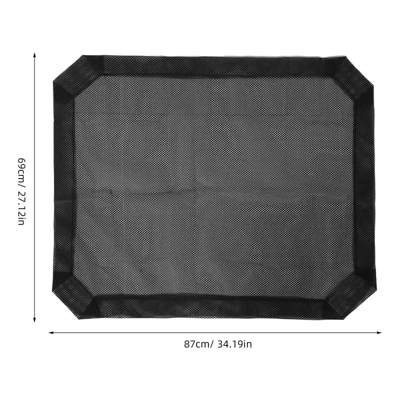 Black breathable mesh replacement cover for an elevated pet bed.