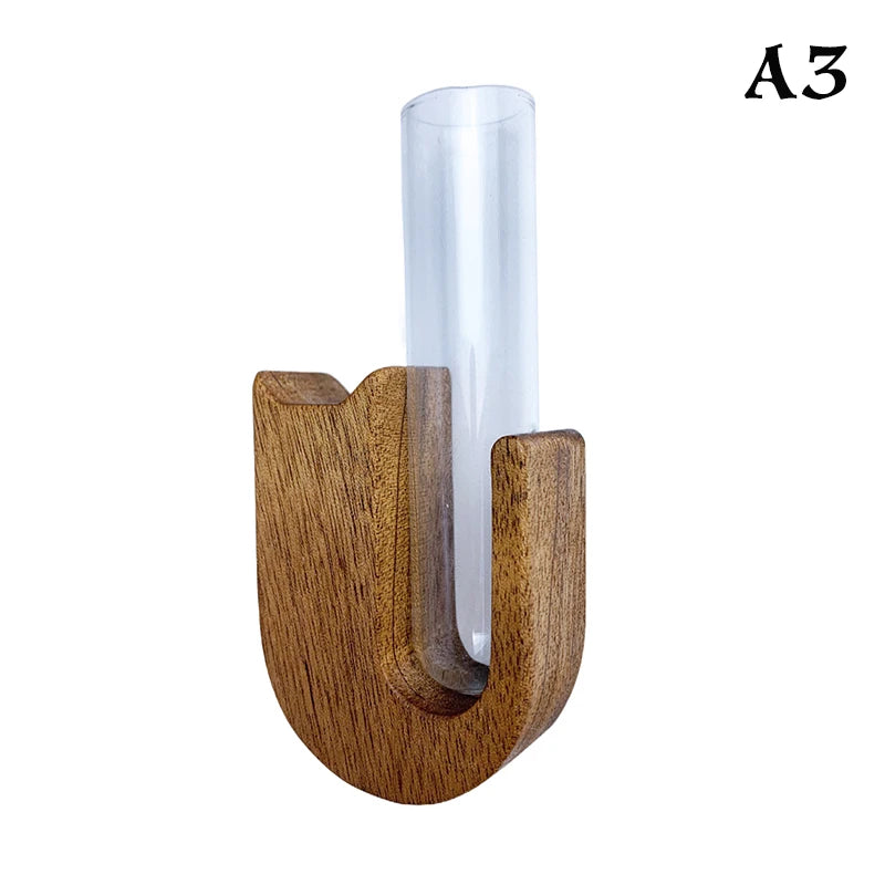 A wooden pet whisker collector vase with a clear glass tube.