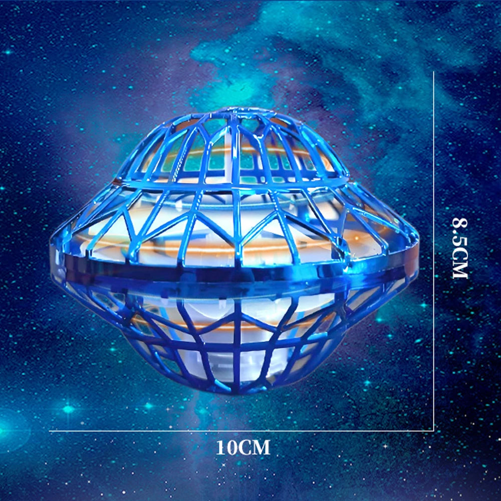 A blue, spherical LED flying boomerang ball with glowing lights against a dark, starry background.