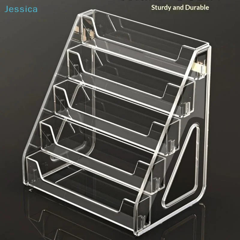A clear acrylic display stand designed for holding business cards and brochures.