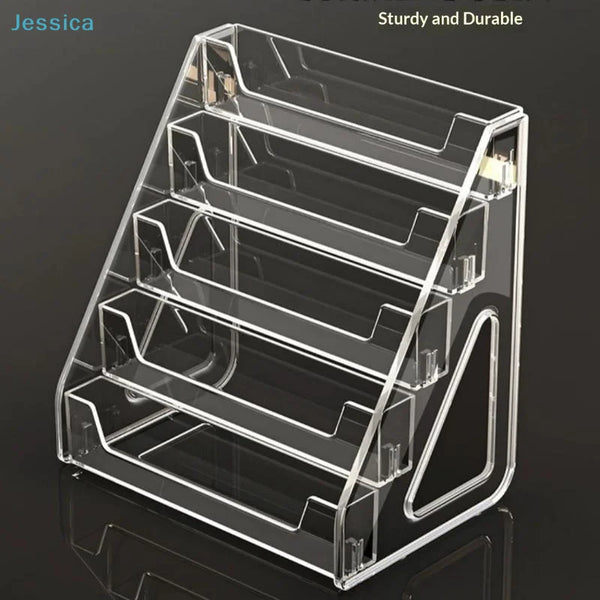 A clear acrylic display stand designed for holding business cards and brochures.