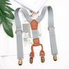 Gray and brown adjustable clip-on suspenders for kids displayed on white paper.