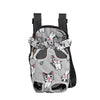 A gray adjustable backpack carrier designed for cats and dogs, featuring padded straps and a mesh opening.