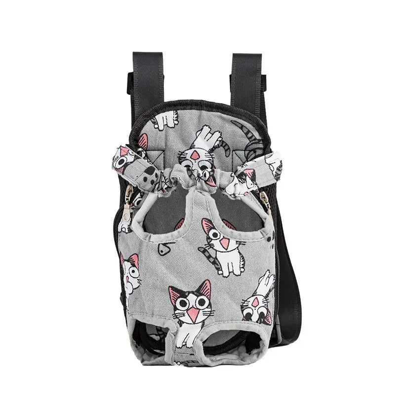 A gray adjustable backpack carrier designed for cats and dogs, featuring padded straps and a mesh opening.