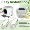 A white automatic cat litter box deodorizer is shown with an insert being placed into the waste drawer compartment.