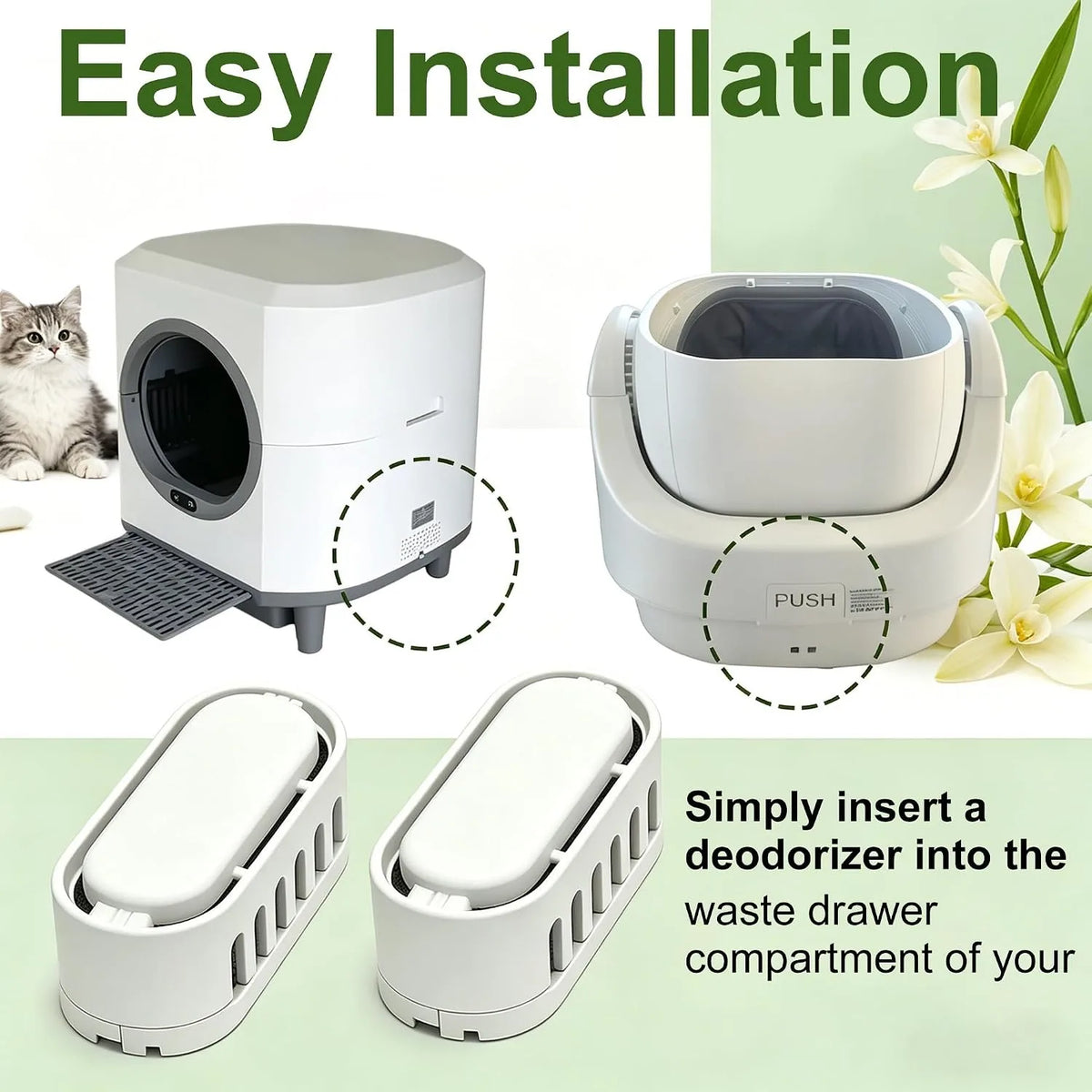 A white automatic cat litter box deodorizer is shown with an insert being placed into the waste drawer compartment.