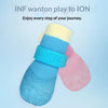 A set of colorful waterproof anti-slip dog boots for small breeds, featuring blue and pink knitted designs.