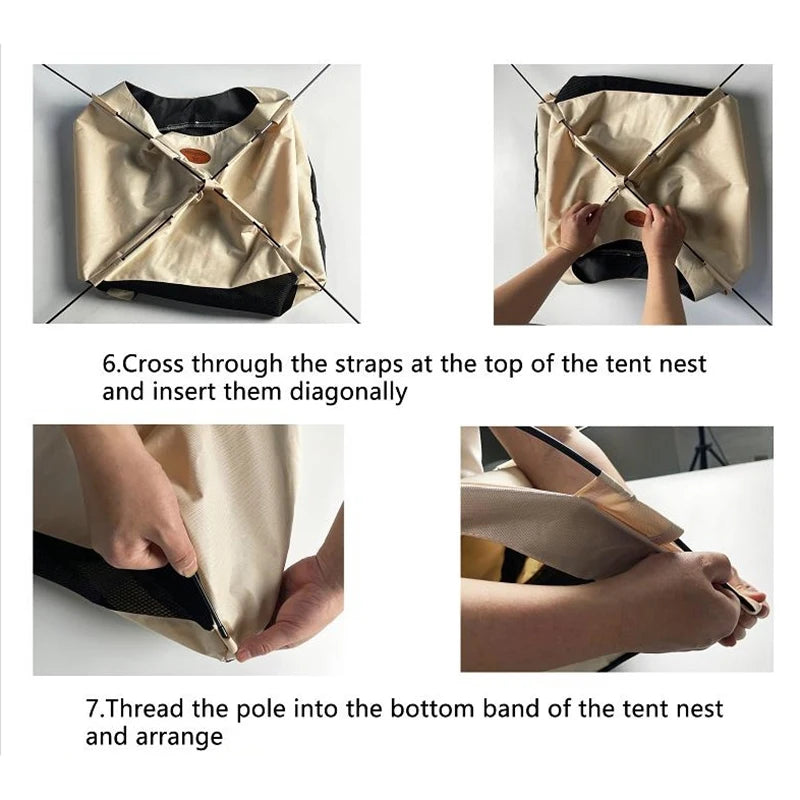 Instructions showing how to cross straps on a pet tent and thread a pole into the bottom band