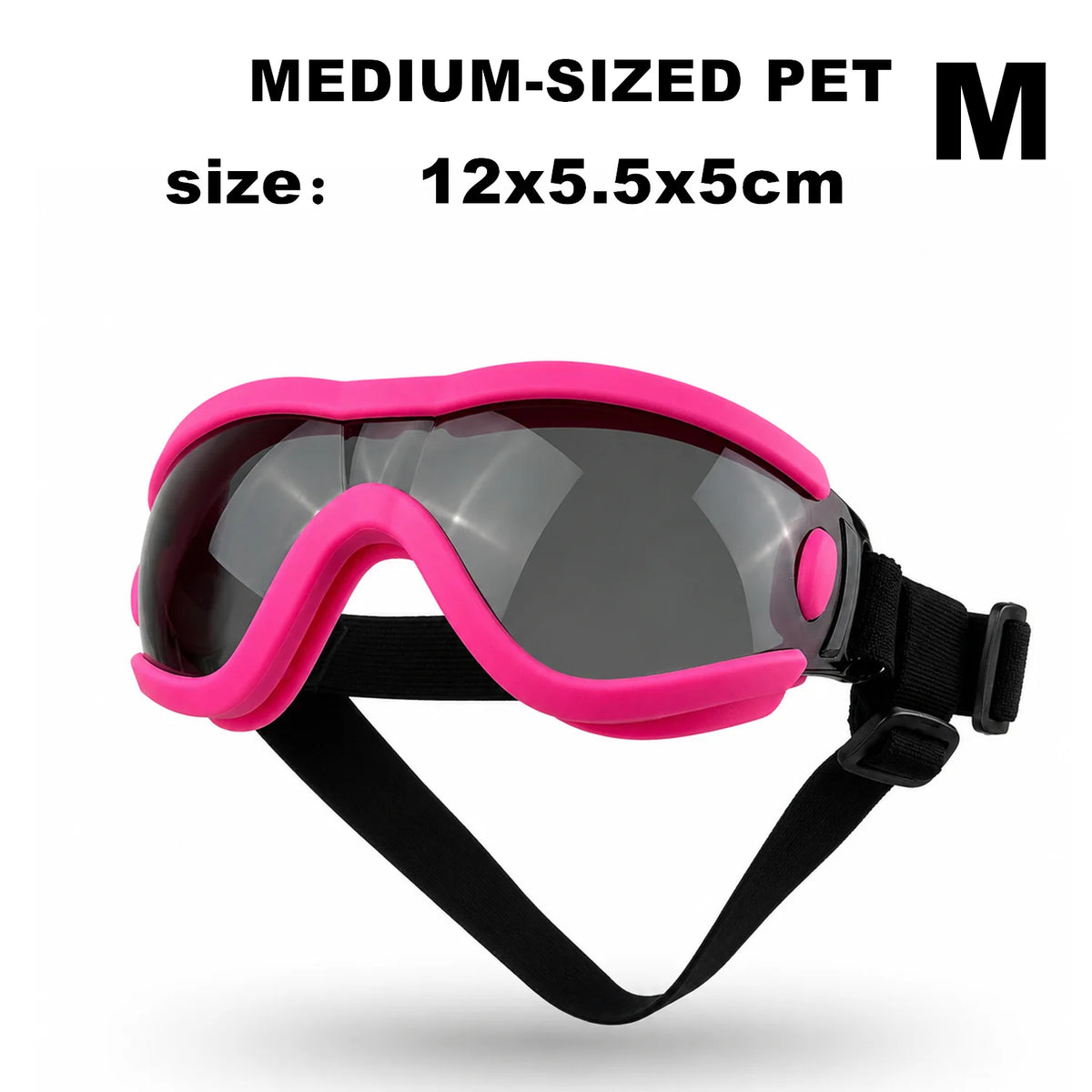 Mittelgroße rosa und schwarze UV-Schutz-Hundegoggles mit schwarzem Riemen.