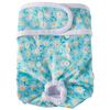 Reusable female dog diapers in light blue and white floral pattern with snap closures