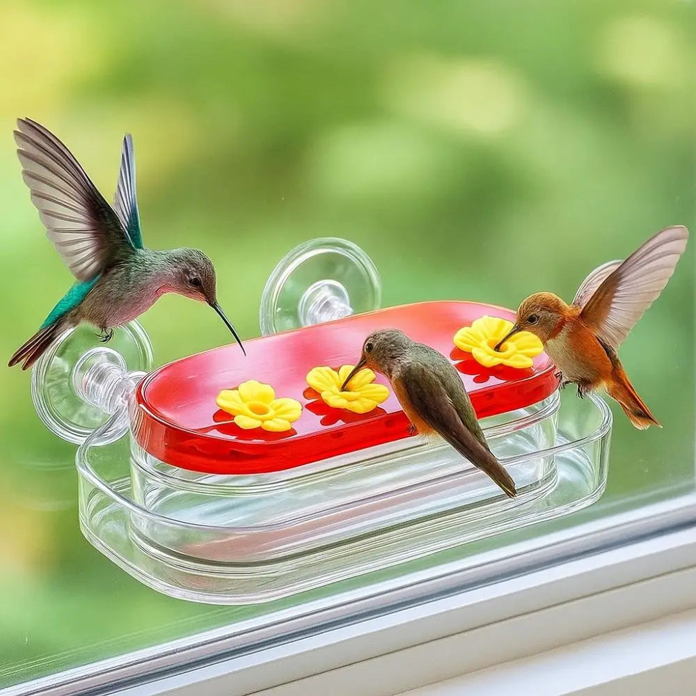 A hummingbird feeder with a red reservoir and transparent glass, featuring a hummingbird in flight.