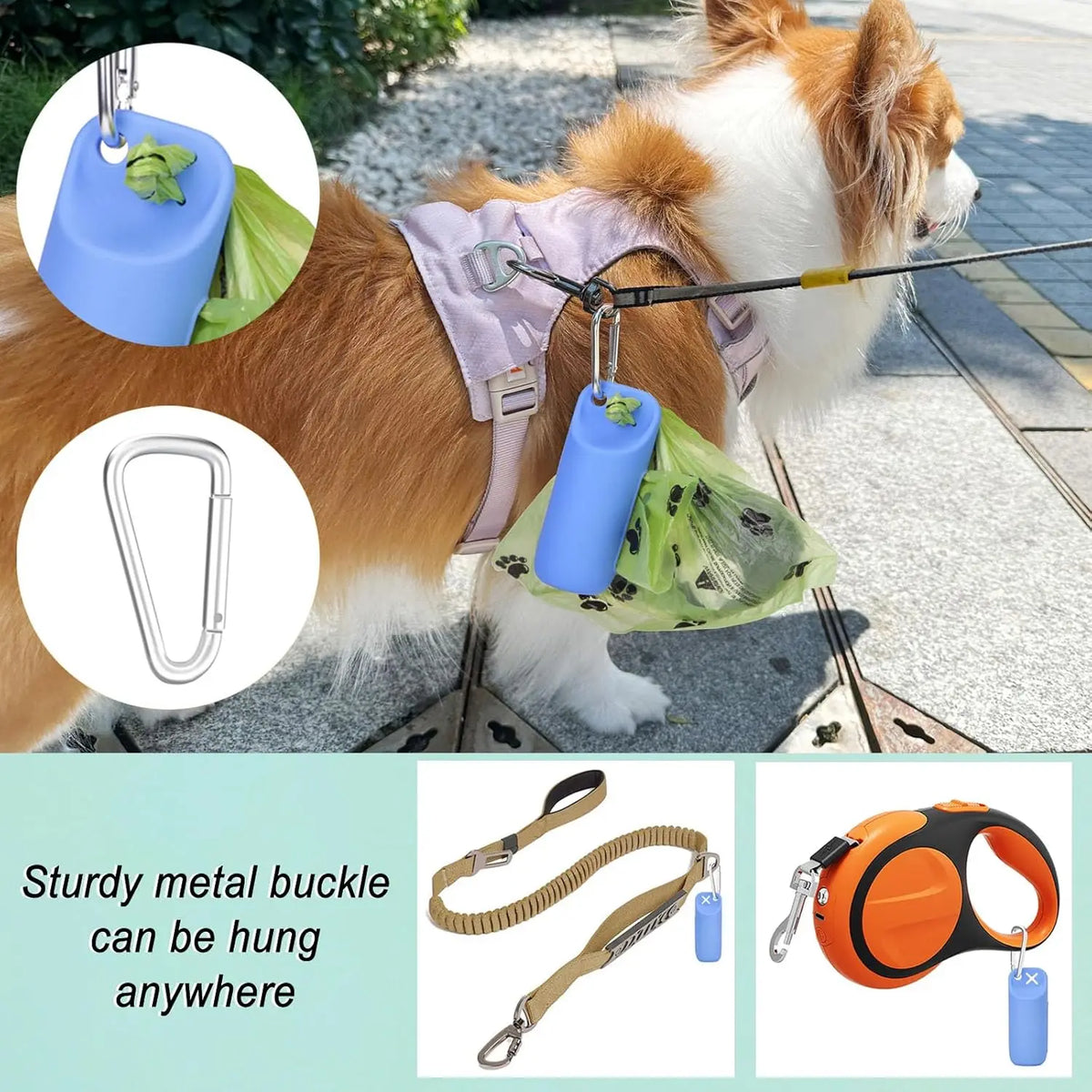 A dog wearing a purple harness with a blue silicone poop bag dispenser and storage holder attached.