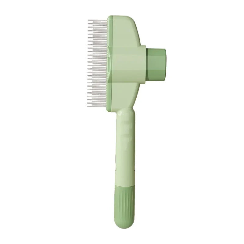 A light green pet hair remover brush with a comb attachment.