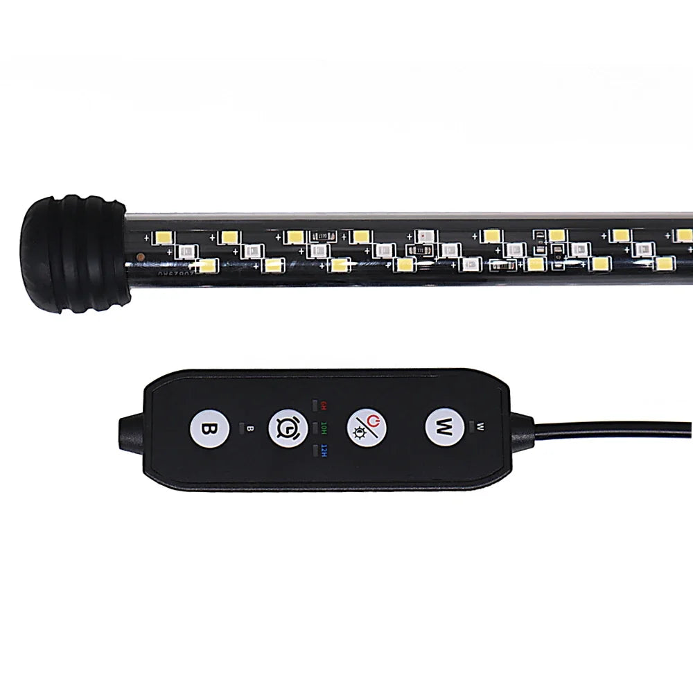 Tira de luz LED negra con múltiples luces individuales y caja de control para iluminación de acuarios sumergibles