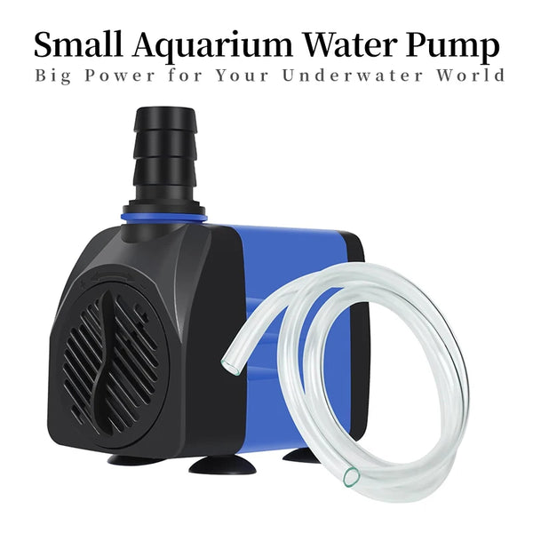 A black and blue small aquarium water pump with a clear tubing attached.
