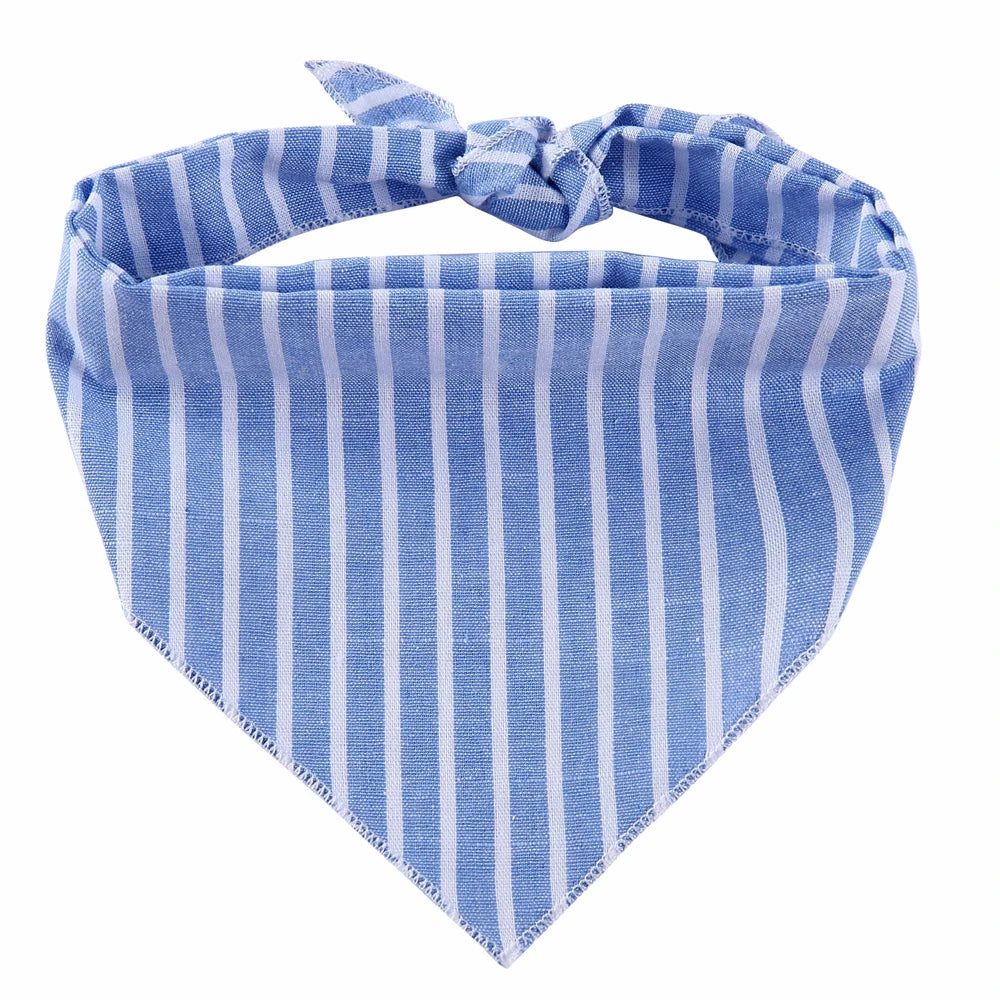 Blue and white striped cotton dog bandana with an adjustable knot
