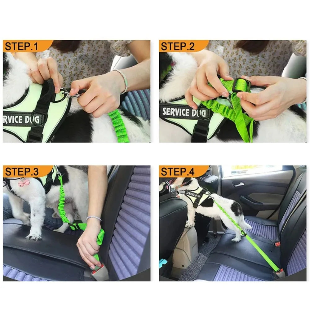 Step-by-step guide showing how to install a reflective dog seat belt with an adjustable nylon harness in a car seat.