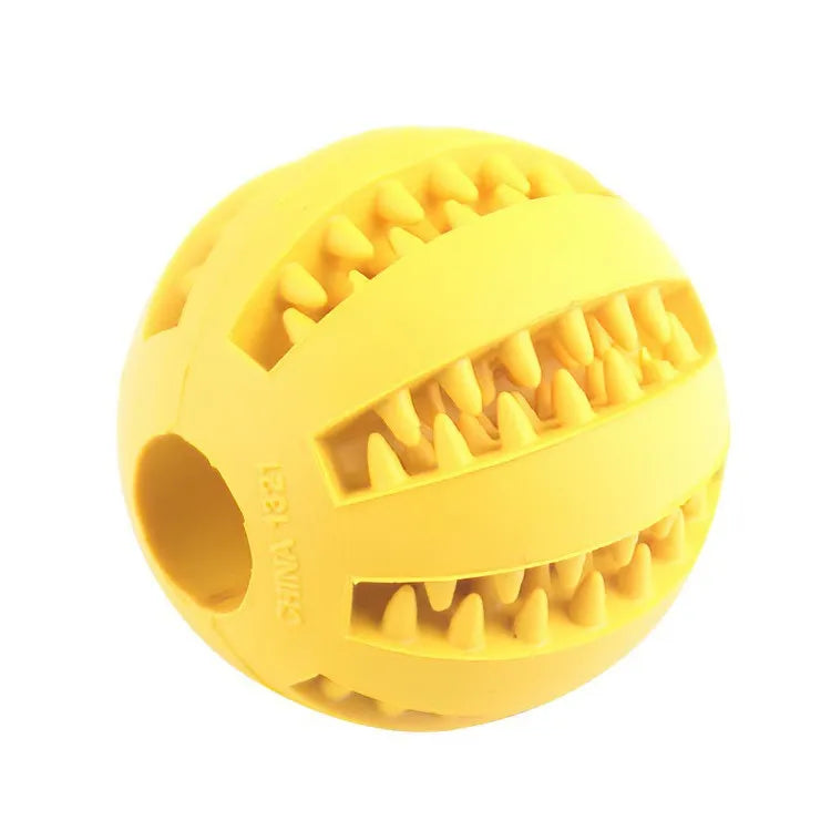 A bright yellow durable chew ball with serrated ridges for dogs and cats.