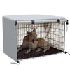 A white waterproof dog crate cover with a wire mesh enclosure for pet protection.