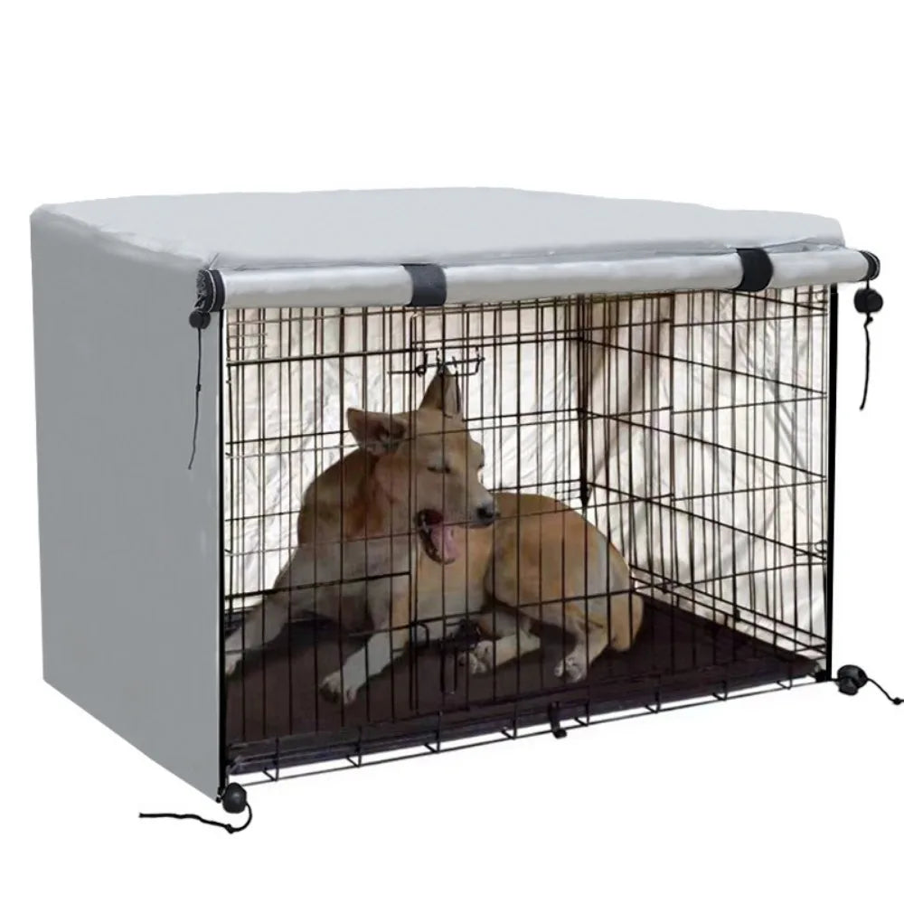 A white waterproof dog crate cover with a wire mesh enclosure for pet protection.