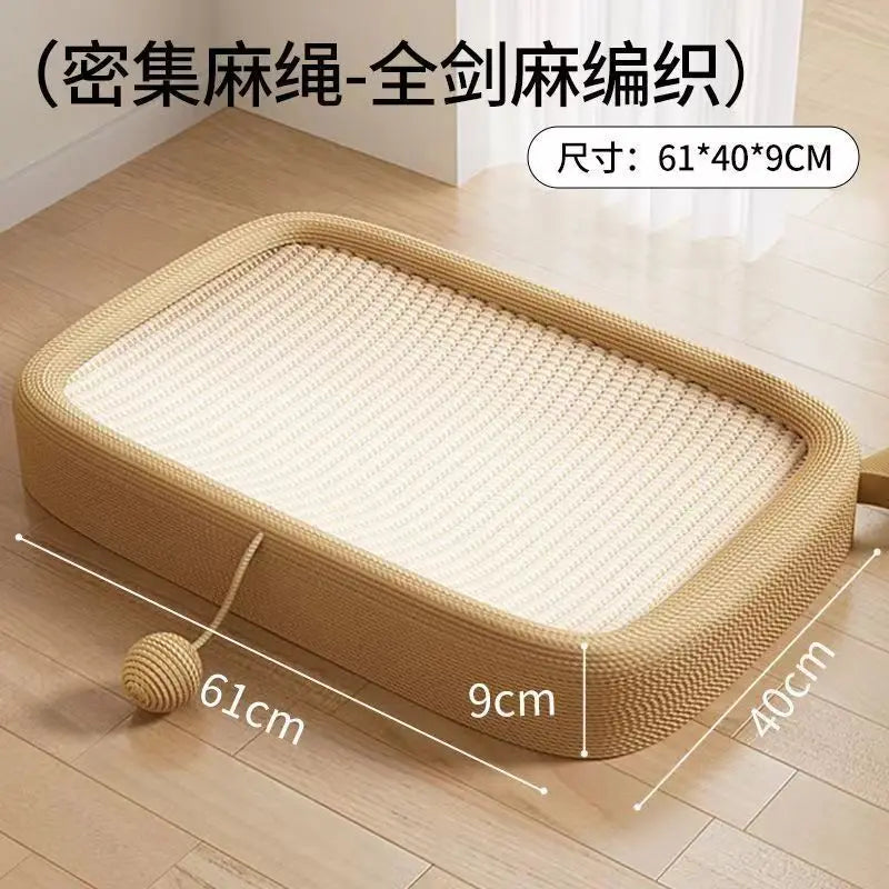 A rectangular sisal scratcher board with a surrounding frame and a ball toy shown on a wooden floor.