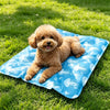A fluffy golden dog lying on a blue cooling gel pet mat in green grass.