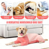 A light pink dog suit is shown lying down on a white rug, with various related medical and wear contexts displayed above.