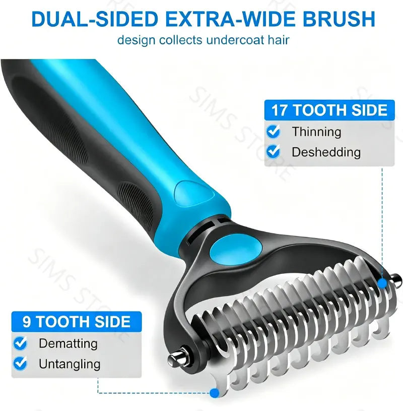 A dual-sided extra-wide brush with 17 tooth side for thinning and deshedding and a 9 tooth side for dematting and untangling.