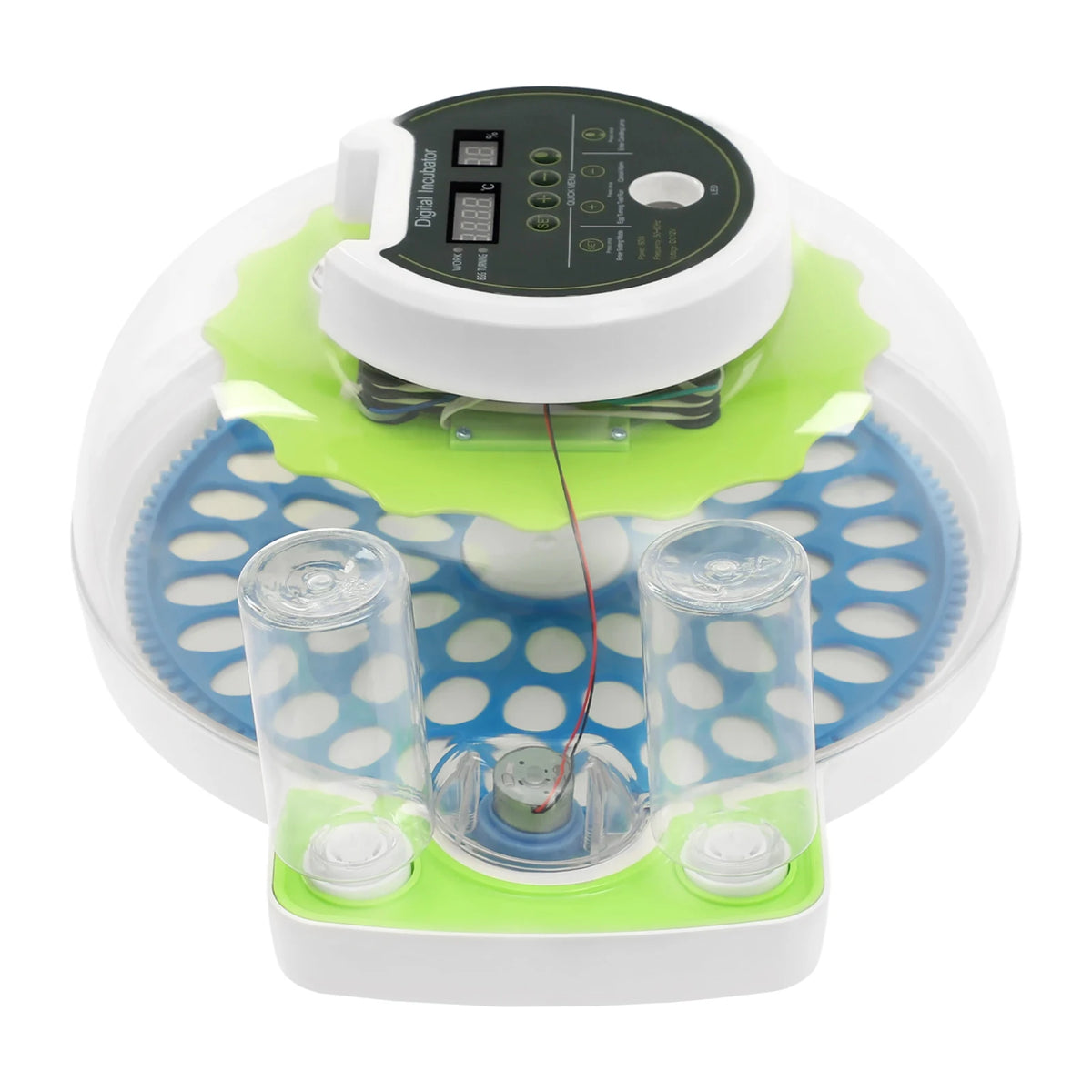 Weiß-grüner automatischer Vogel-Eier-Inkubator mit digitaler Anzeige und klaren Eierfächern.