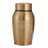 A gold-toned stainless steel pet memorial storage box with the words Never Say Goodbye engraved on the side.