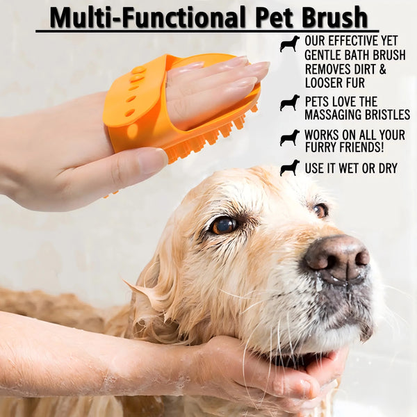 A hand is using an orange multi-functional pet brush on a dog's head.