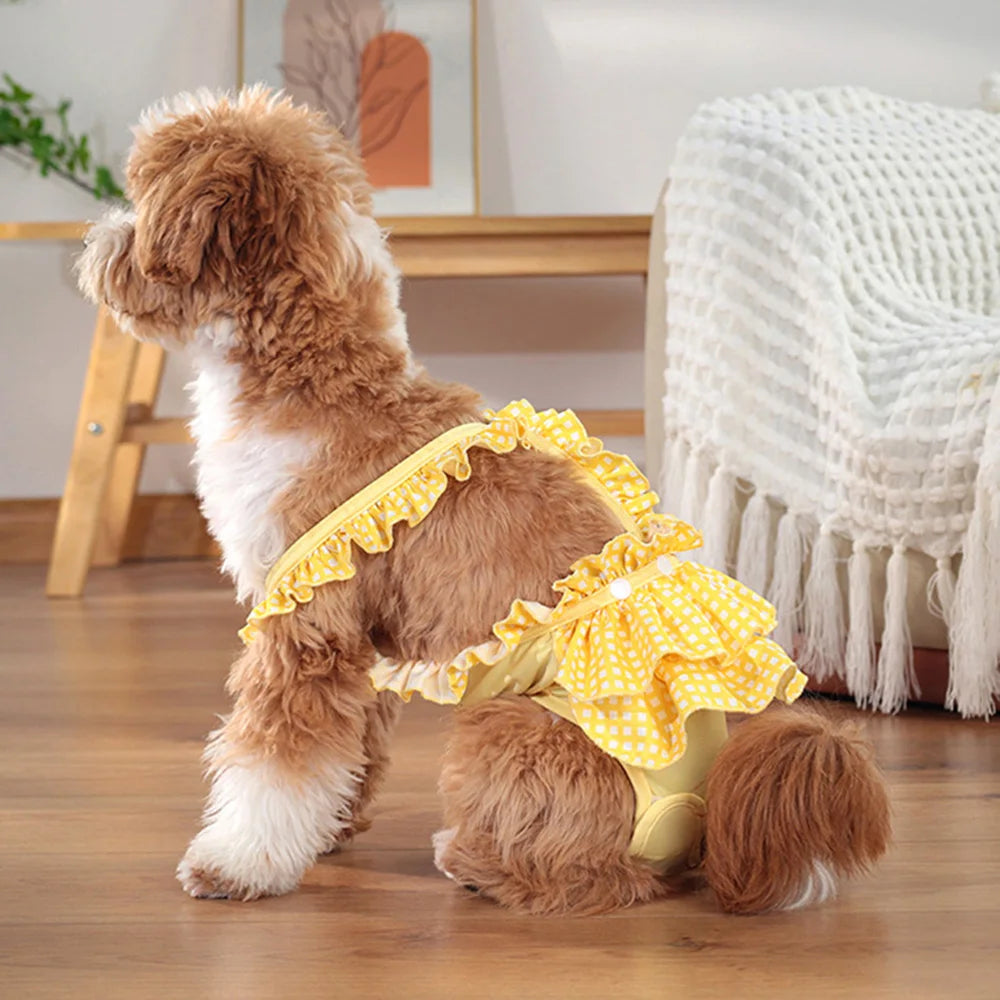 A fluffy brown dog is wearing yellow ruffled reusable diaper pants.