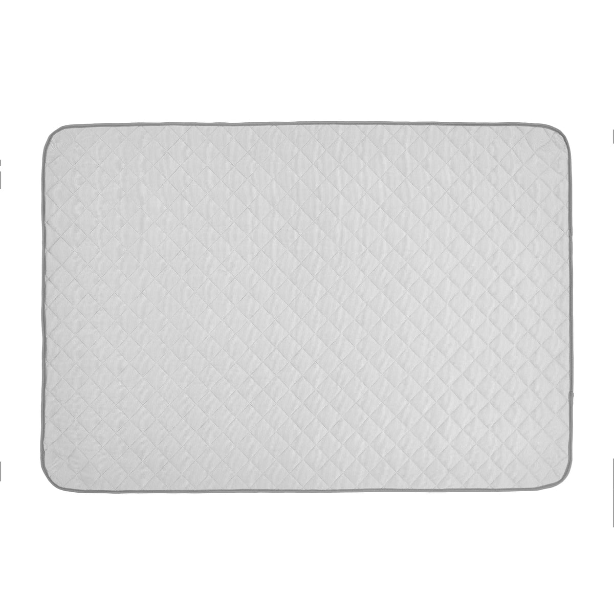 A rectangular gray washable cooling dog mat made of ice silk fabric with a quilted pattern.