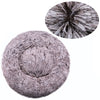 A round, gray ultra-soft plush pet bed for dogs and cats with a zoomed-in view of its fluffy texture.