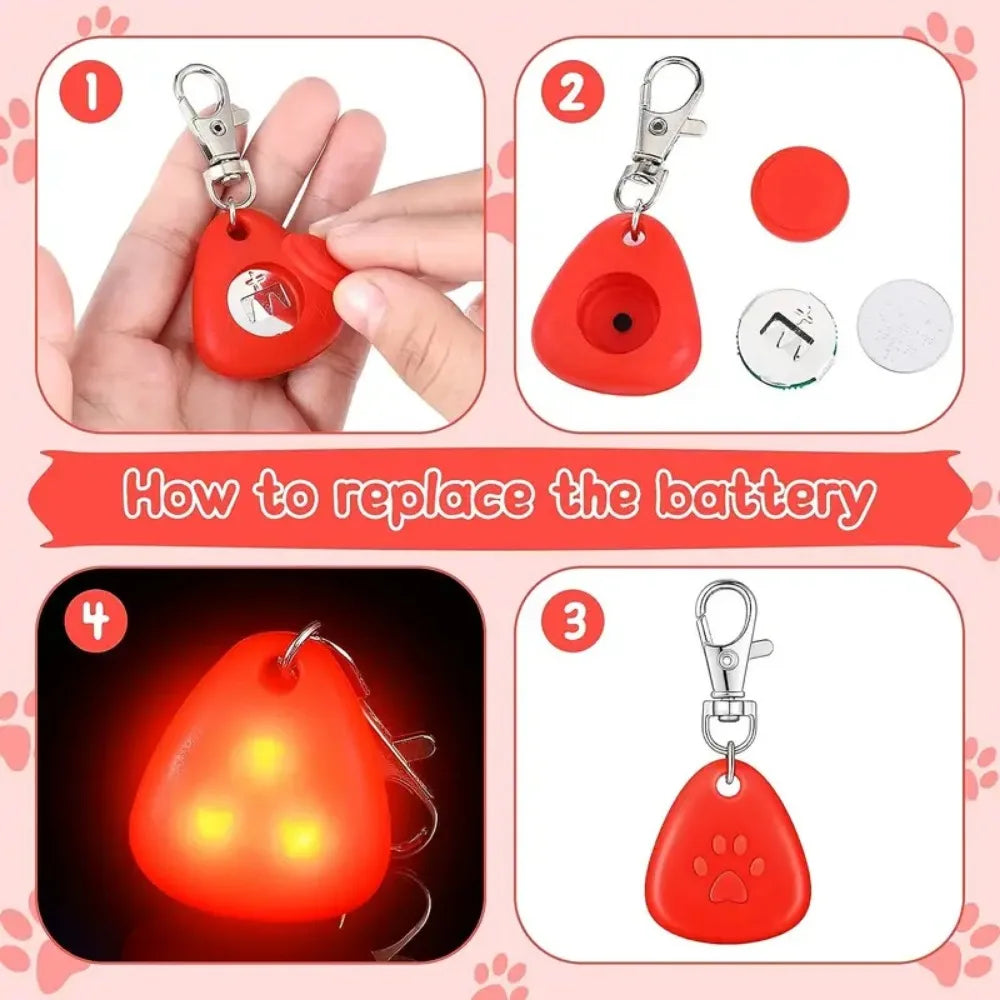 Step-by-step guide showing how to replace the battery in a red LED pet collar light for dogs and cats