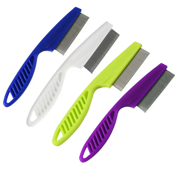 A collection of four dual-sided pet grooming combs in blue, white, lime green, and purple.