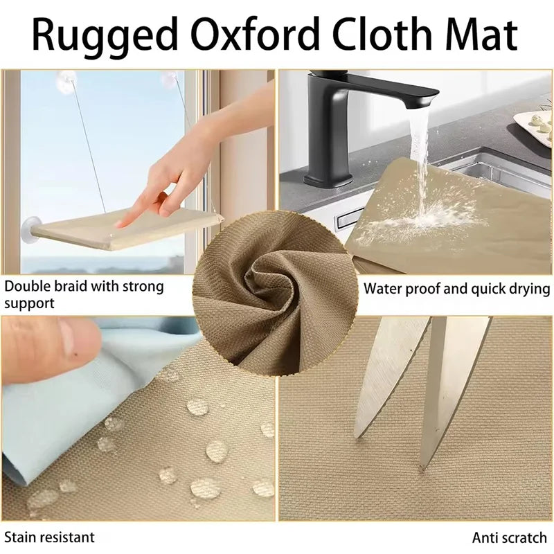 A close-up of a rugged Oxford cloth mat showing stain resistance and anti scratch features.