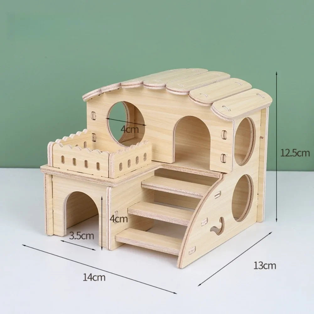 A natural wooden hamster house and activity platform with a roof and stairs, shown against a green background.