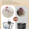 Stainless steel cat water fountain with a smart sensor shown next to a close-up of a cat's face.