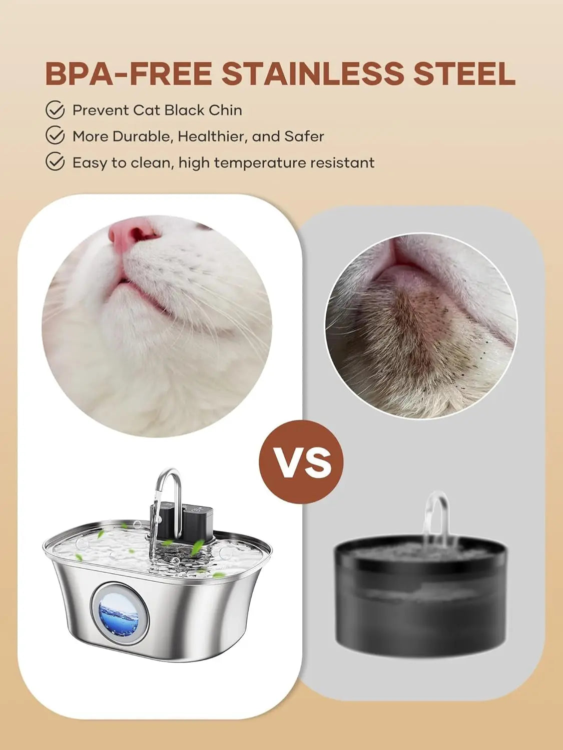 Stainless steel cat water fountain with a smart sensor shown next to a close-up of a cat's face.