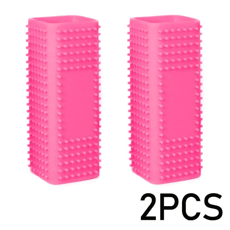 Two pink pet hair removal brushes with silicone hollow rubber bristles