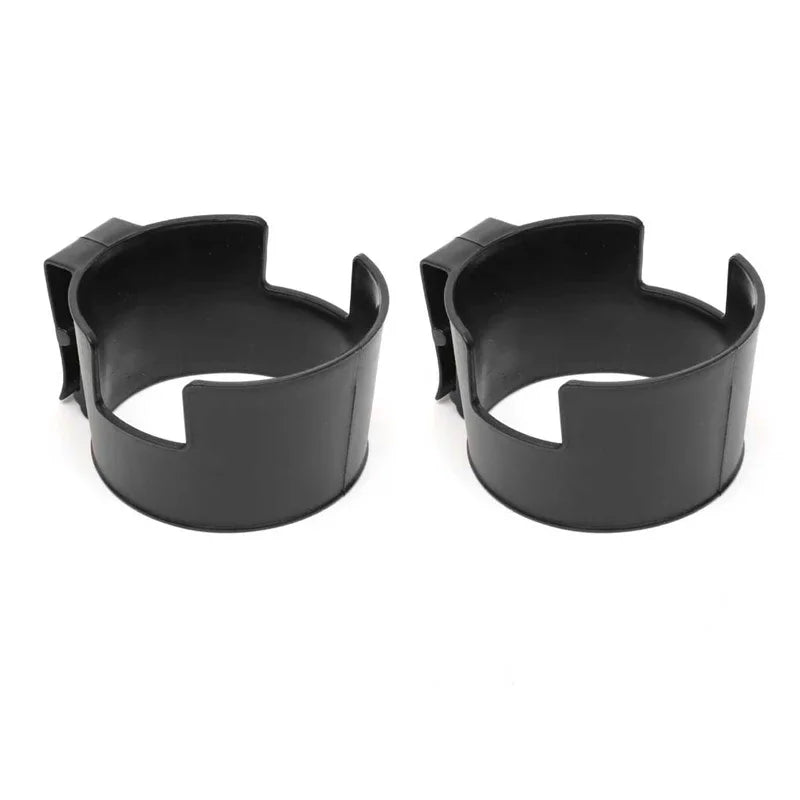 Black portable vehicle drink holder designed to secure beverages in a vehicle.