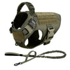 A tan dog harness with a padded chest and a matching leash is shown against a white background.