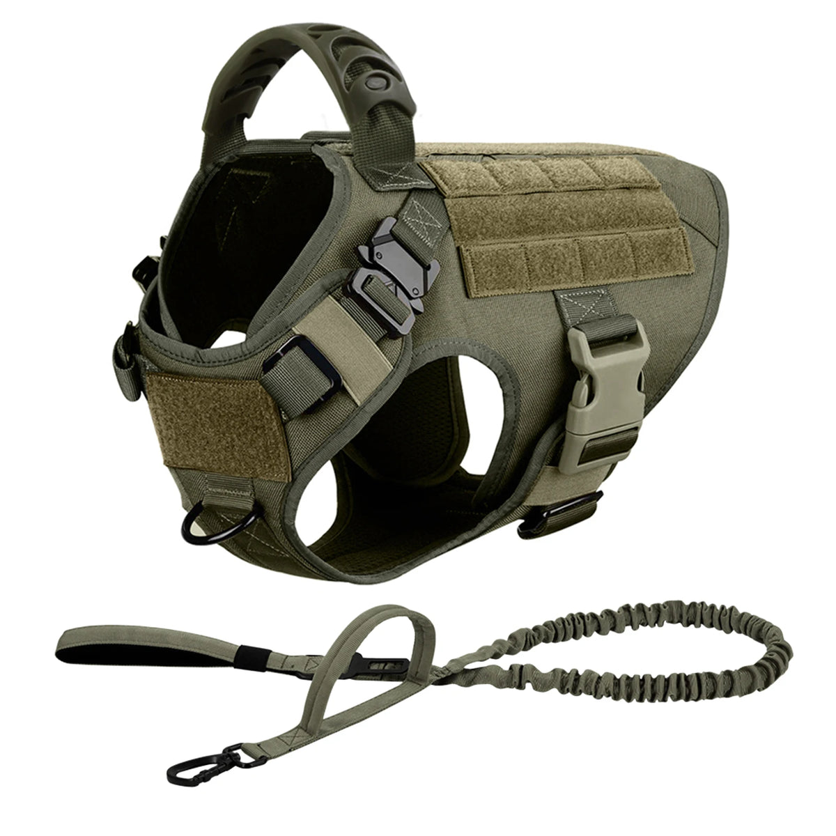 A tan dog harness with a padded chest and a matching leash is shown against a white background.
