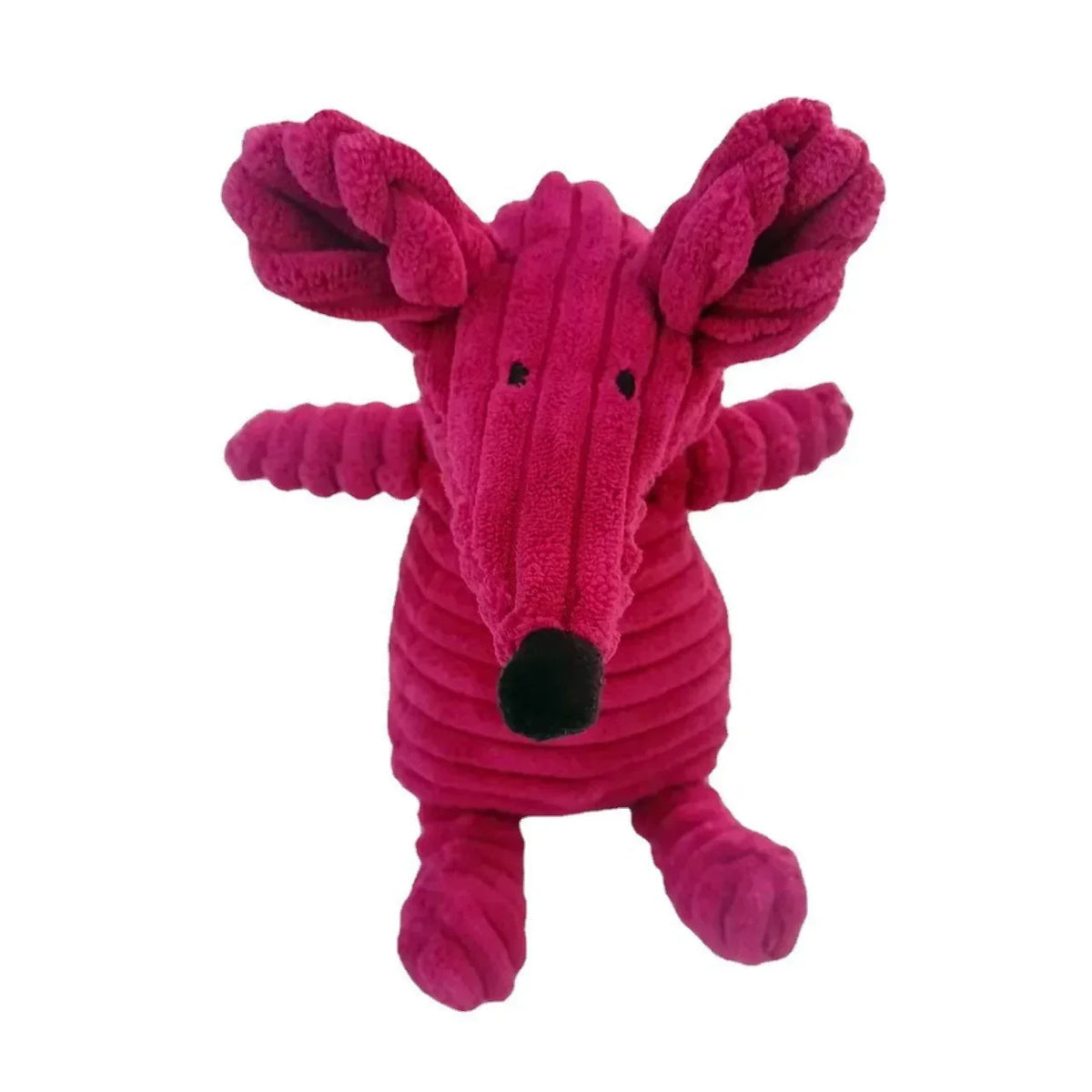 A plush, pink corduroy squeaky dog toy shaped like a fox or canine with large ears.